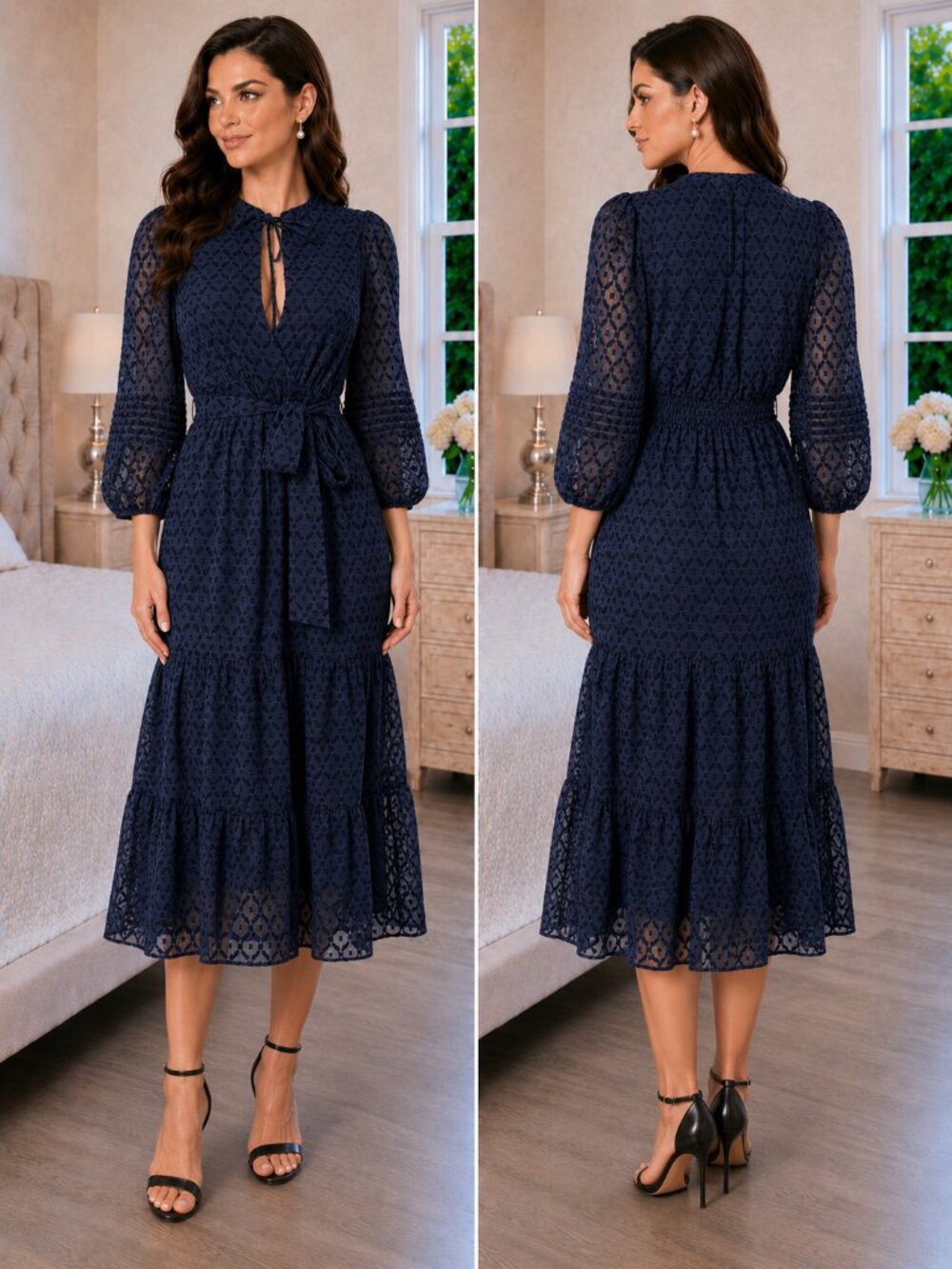 Shoshanna Navy Blue Eylet Midi Dress $285